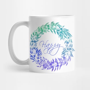 Happy Wreath. Green and blue leaves and berries. Mug